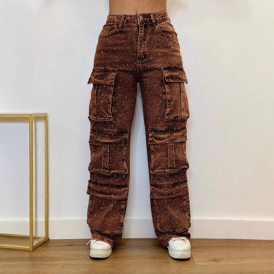 Lässige Jeans für Damen mit Taschen und Diamant-Overalls