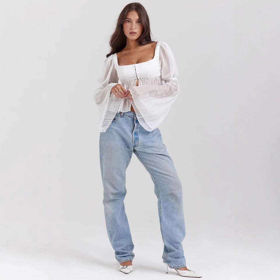 Dolce versione corta elegante top a maniche lunghe trasparente con colletto quadrato