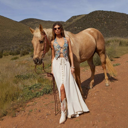 European And American Half-length Solid Color Lace-up Waist-slimming Long Dress