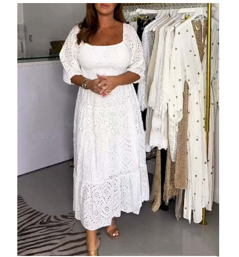 Comfortable Loose High Waist Embroidered Solid Color U Collar Dress For Women