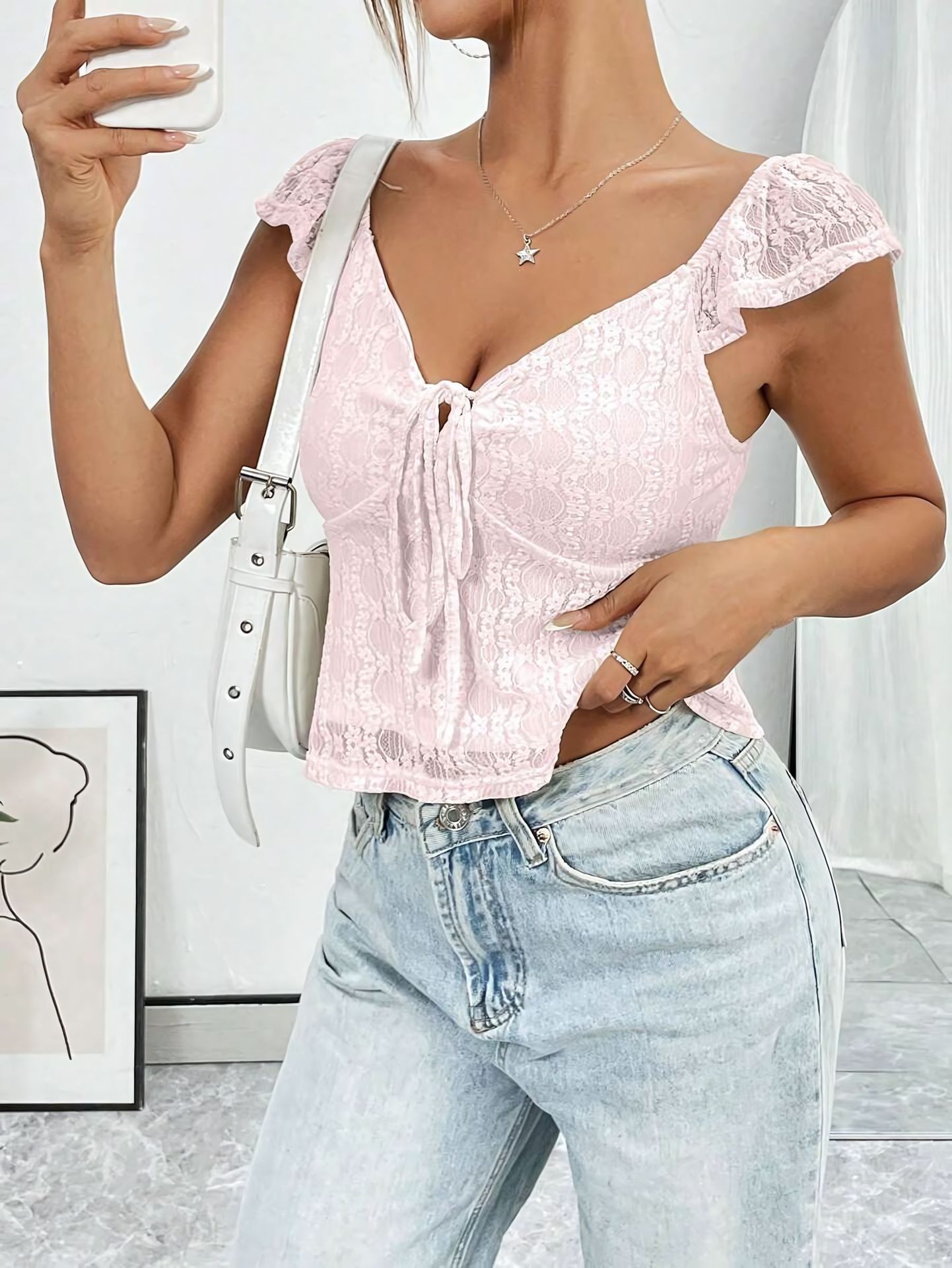 Casual Short Top Lace Lace Band V-neck Top
