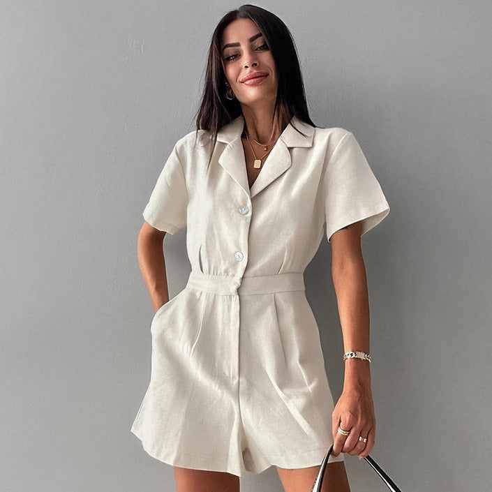 French Style Temperament Cotton And Linen Suit Collar High Waist Casual Jumpsuit