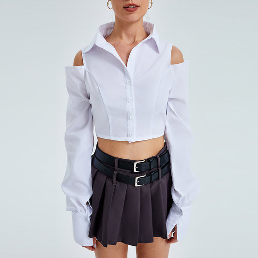 Damen Neue Einfarbig Schmal Geschnittene Mode Off-Shoulder Lose Langarm Hemd