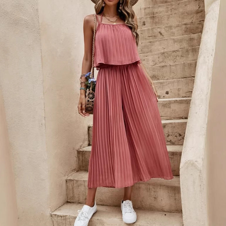 One-Piece Outfit Beach Style Striped Wide Leg Trousers Casual Suit
