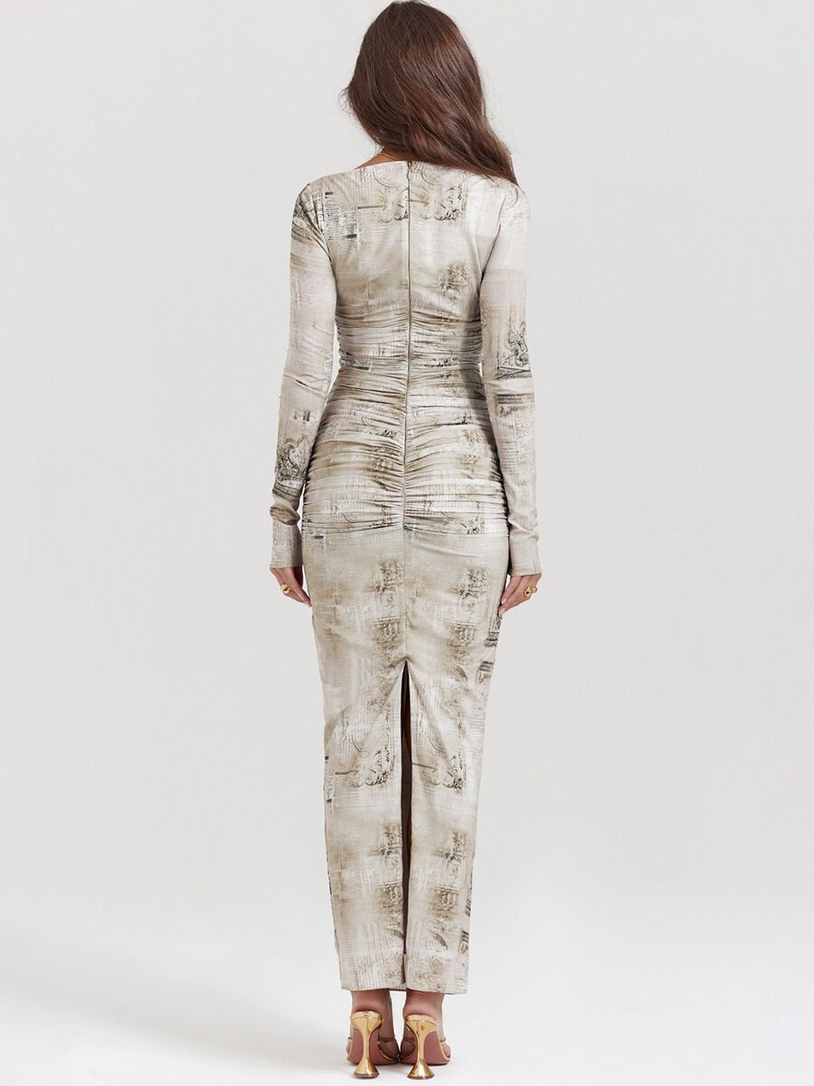 Bedrucktes, langärmliges, enges Kleid mit Rundhalsausschnitt für Damen