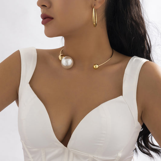 Asymmetric Geometry Pearl Round Beads Collar Niche