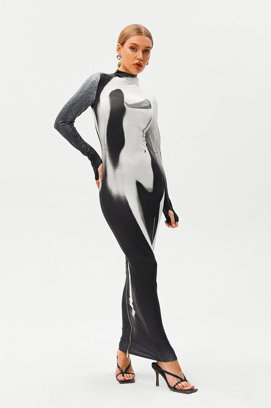 Moda personalizzata personalità rotonda collo stampa colore snellente sottile vestito