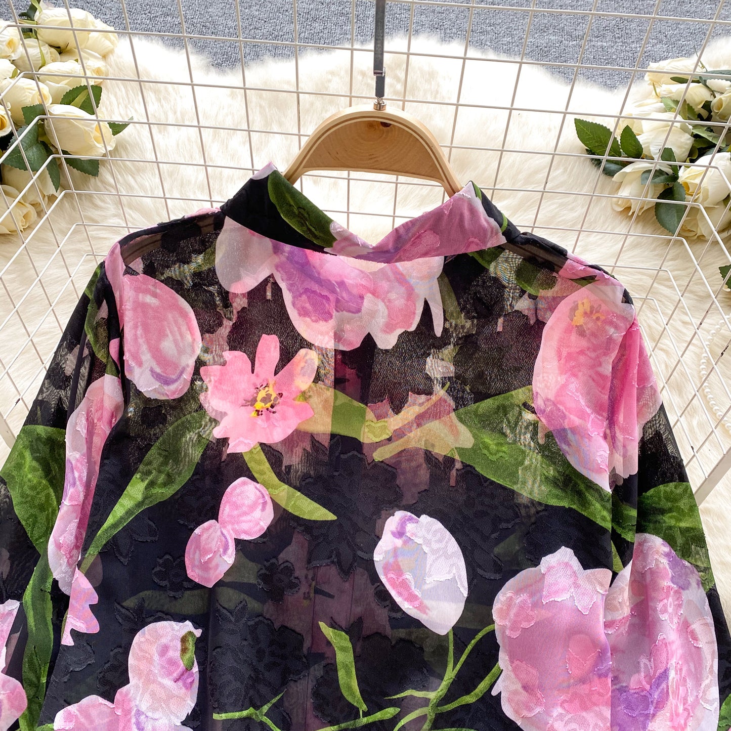 Camicia floreale in tulle retrò francese per donna estate