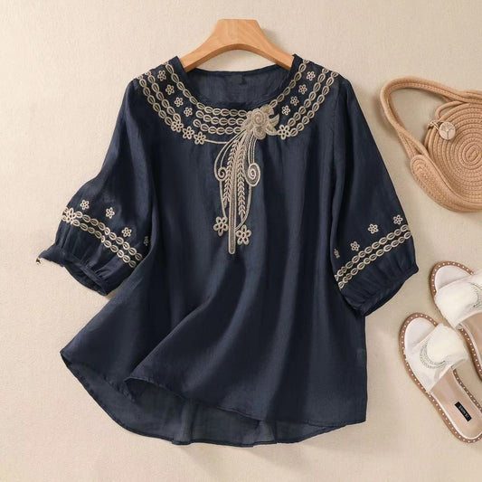 Camicia estiva vintage in cotone e lino ricamata a mezza manica