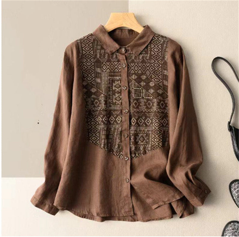 Damen Baumwoll-Leinen-Hemden mit literarischen Vintage-Patch-Tops