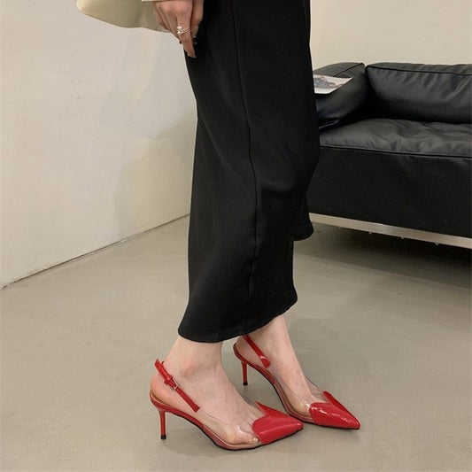 Scarpe con tacco alto trasparenti a punta da donna con fibbia