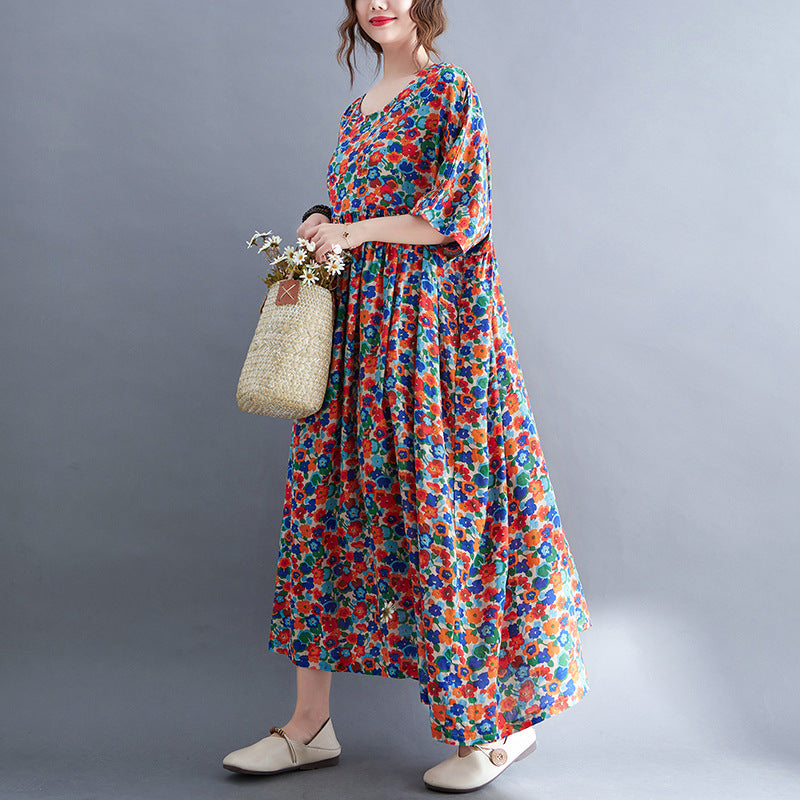 Artistic Retro Printing Breathable Short Sleeve Pullover Large Swing Dress For Women