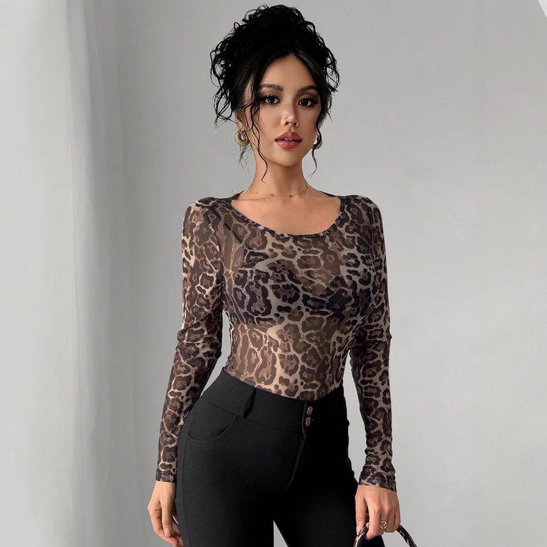 Transparent Leopard Mesh Round Neck Long Sleeved Fitted T-shirt