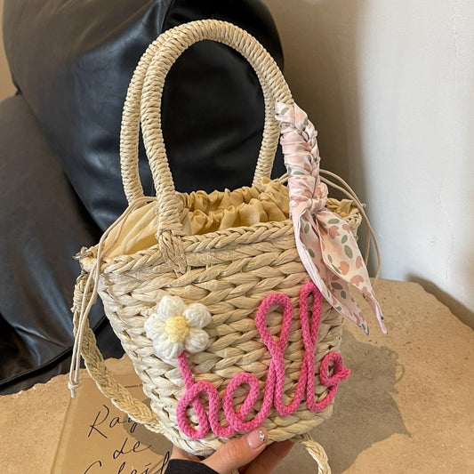 Borsa a mano intrecciata da donna, borsa a tracolla in paglia con lettera alla moda