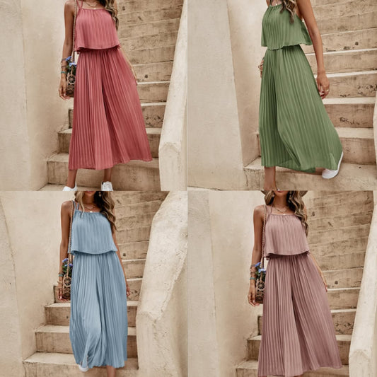 Completo casual da spiaggia con pantaloni a gamba larga a righe in un unico pezzo