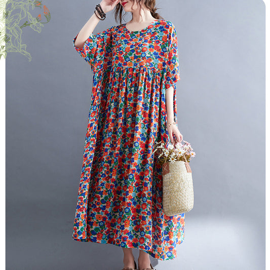 Artistic Retro Printing Breathable Short Sleeve Pullover Large Swing Dress For Women
