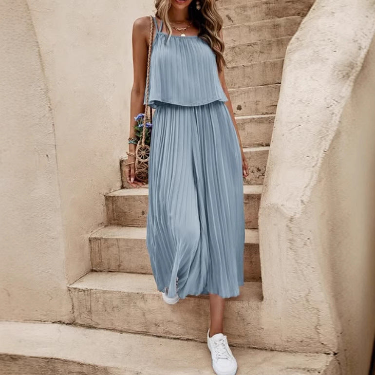 One-Piece Outfit Beach Style Striped Wide Leg Trousers Casual Suit