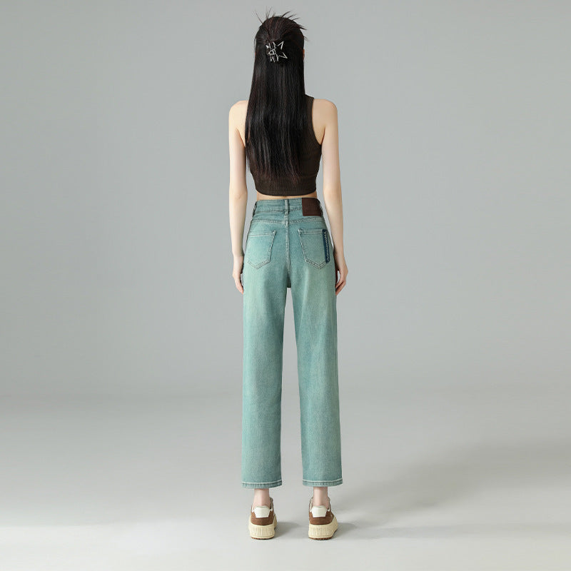 Jeans dritti ricamati cropped verde menta da donna