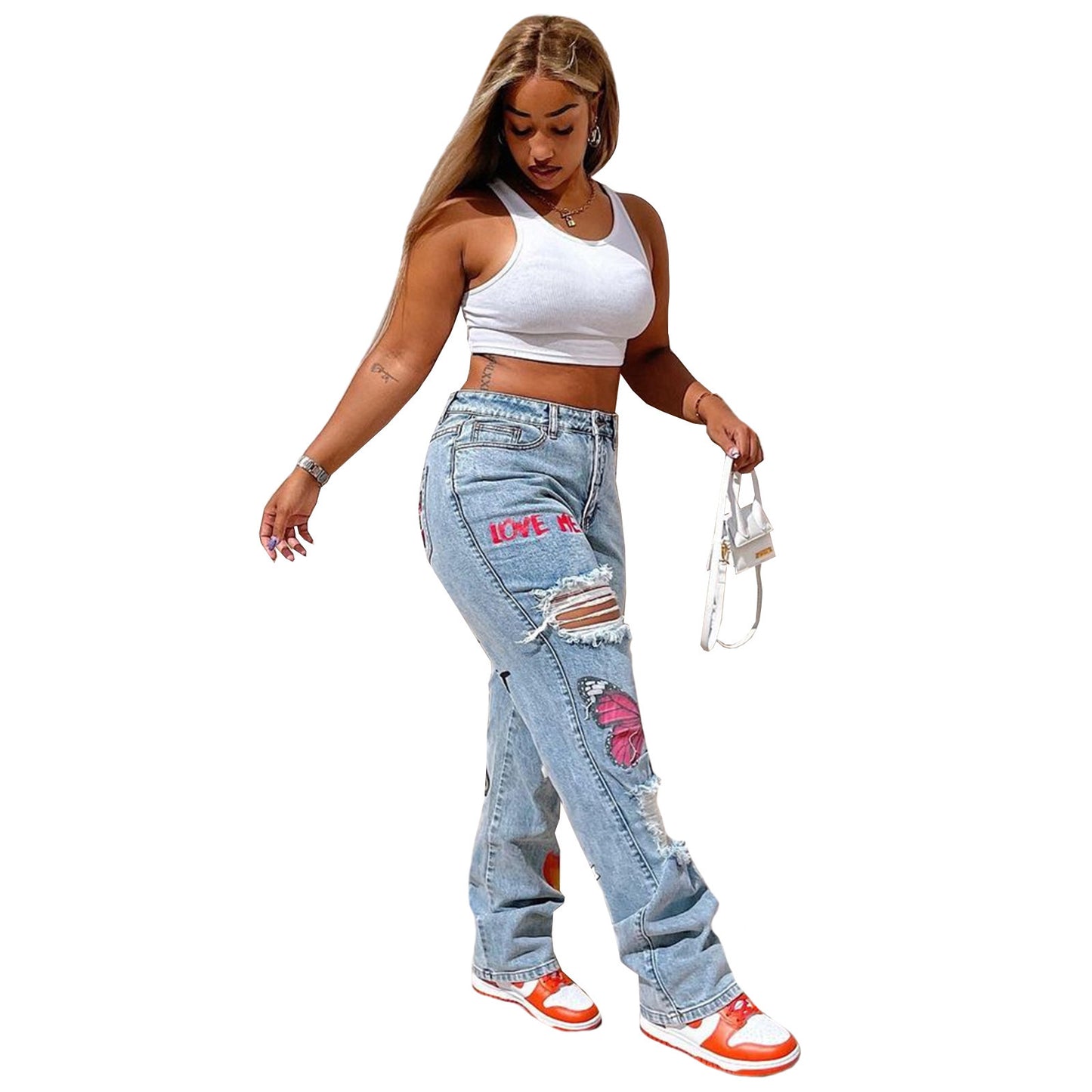 Jeans strappati alla moda con stampa di posizionamento digitale da donna
