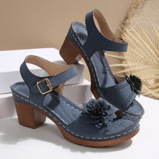 Sandali con tacco spesso e fiori da donna, scarpe estive con plateau taglie forti