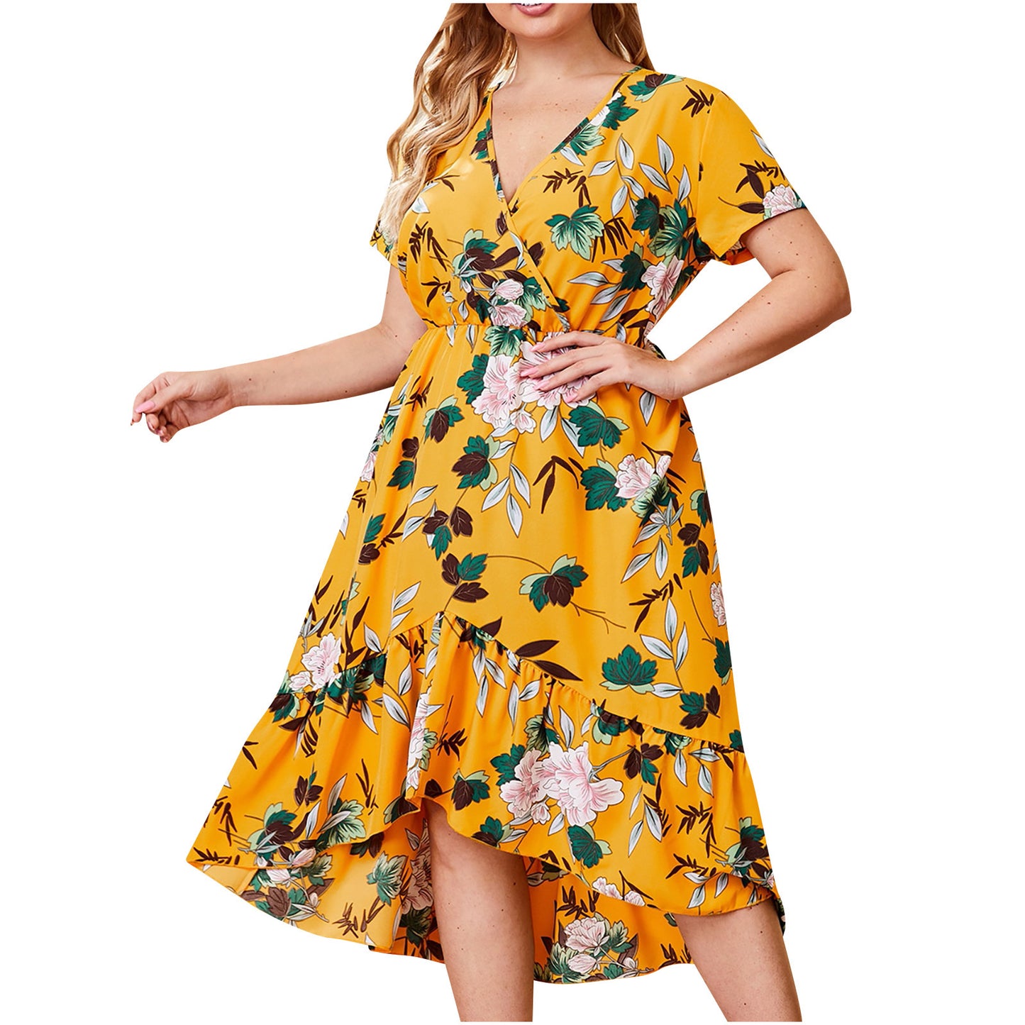 New Style Large Size Dress With Printed V-Neck Waist And Irregular Big Hem Dress