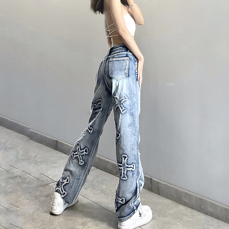 Jeans dritti da strada con toppa con lettera personalizzata