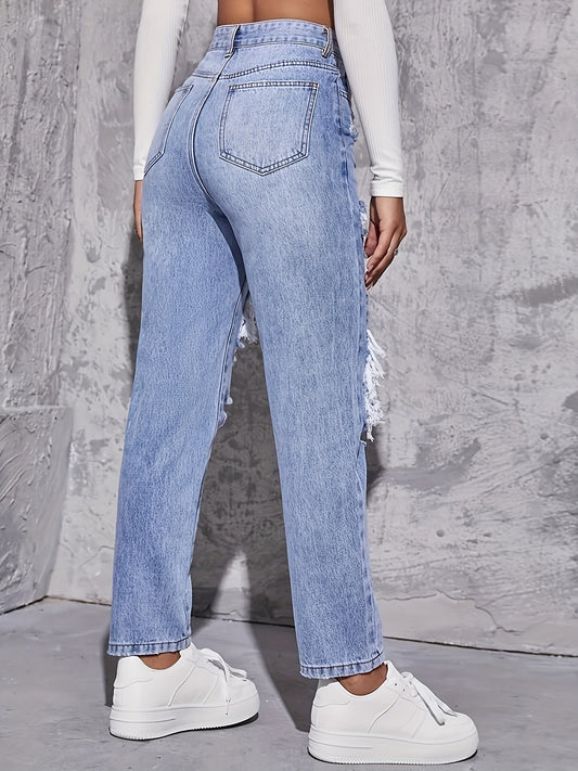 Pantaloni casual in denim strappati a vita alta