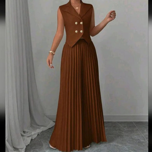 Completo estivo senza maniche con risvolto, bottoni, gilet e pantaloni dritti a pieghe, set di abbigliamento da donna