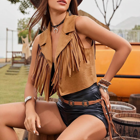 Giacca corta casual in pelle scamosciata con frange e revers da donna