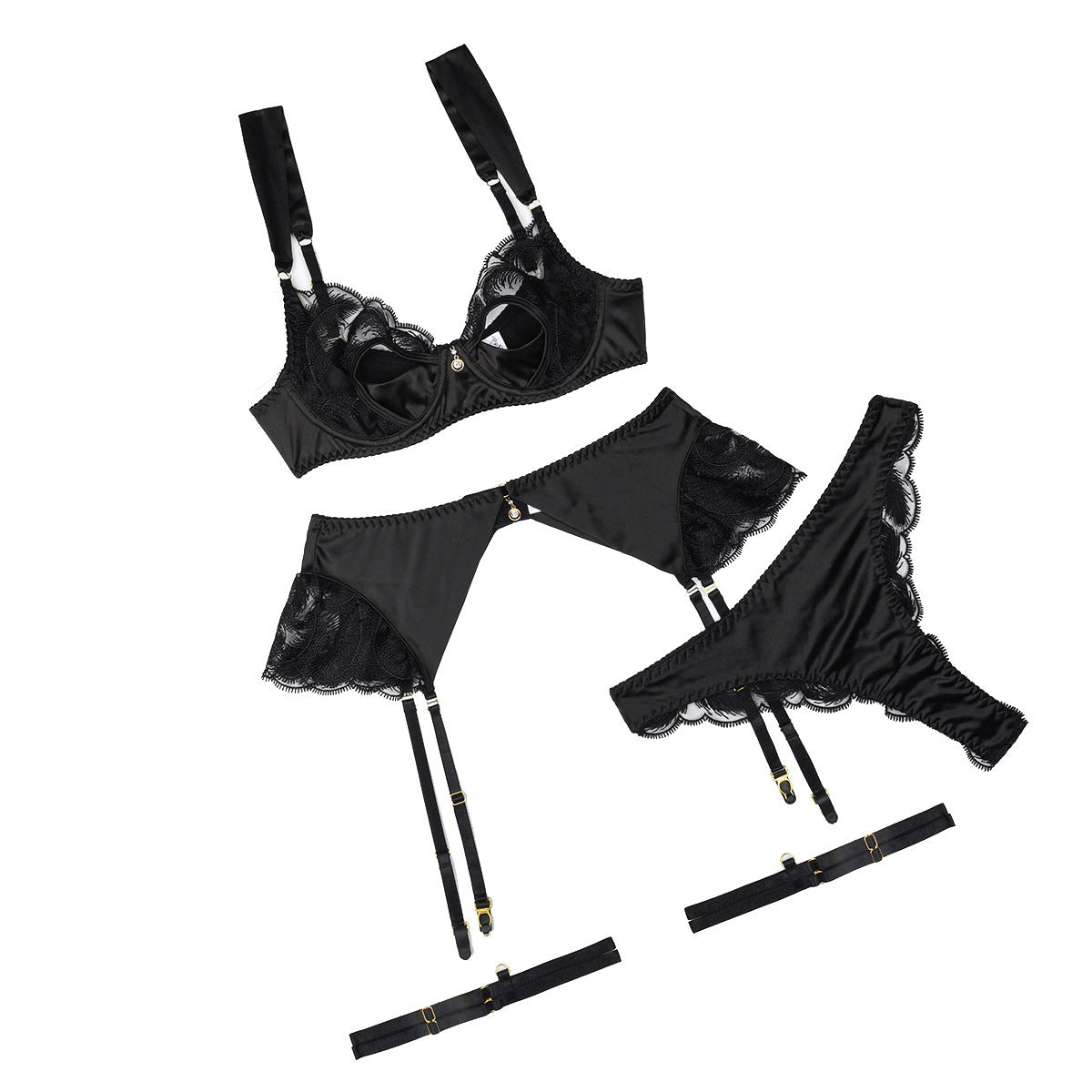 Hohle Stickerei Nähte Satin Rüschen Anhänger Sexy Dessous Vierteiliges Set