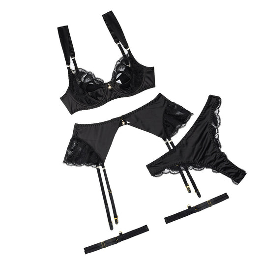 Set di quattro pezzi di lingerie sexy con ciondolo arricciato in raso con ricamo cavo