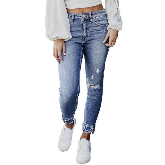 Shiying Spring Four Seasons Skinny Ripped Jeans Modische Skinny-Hose mit ausgefranstem Saum