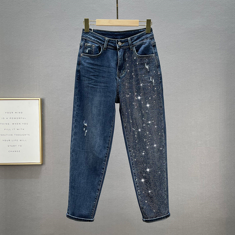 Jeans larghi da donna in cotone elasticizzato a vita alta snellenti con strass caldi