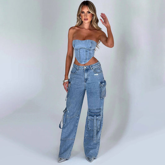 Completo estivo in denim da 2 pezzi, top a tubino senza schienale sexy e pantaloni dritti multitasche