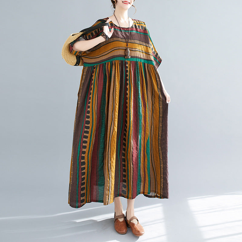 New Literary Large Loose Stripe Printed Short-sleeved Dress For Women
