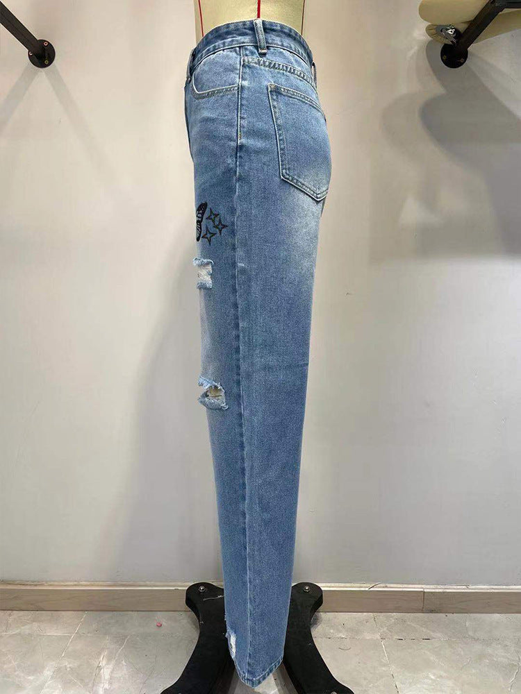 Jeans stile esplosione da donna, pantaloni dritti a vita alta e gamba larga