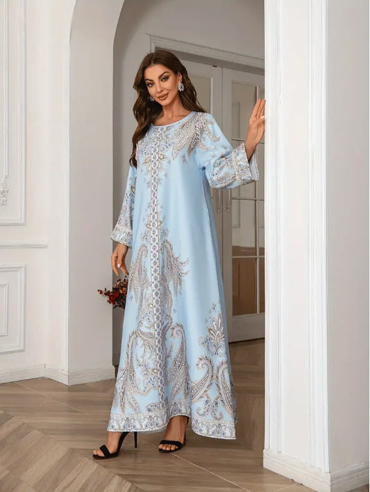 Elegantes langärmliges Abaya-Kleid mit Blumendruck