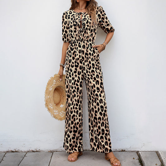Europäischer und amerikanischer Jumpsuit mit hoher Taille und Leopardenmuster