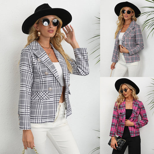 Women's Fashion Plaid Button Lapel Long Sleeve Coat