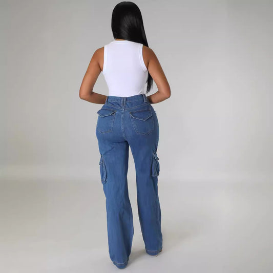 Jeans strappati da donna multi-borsa strappati elasticizzati