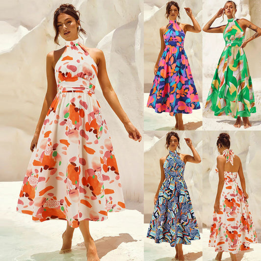 Abito stampato senza maniche con colletto alto da donna