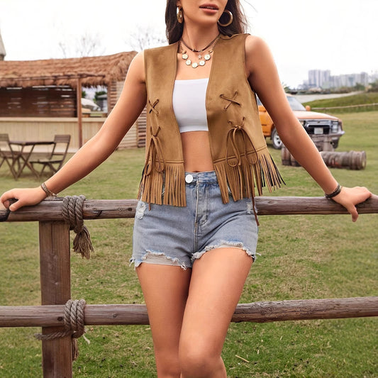 Giacca in pelle scamosciata con frange in stile western casual da donna