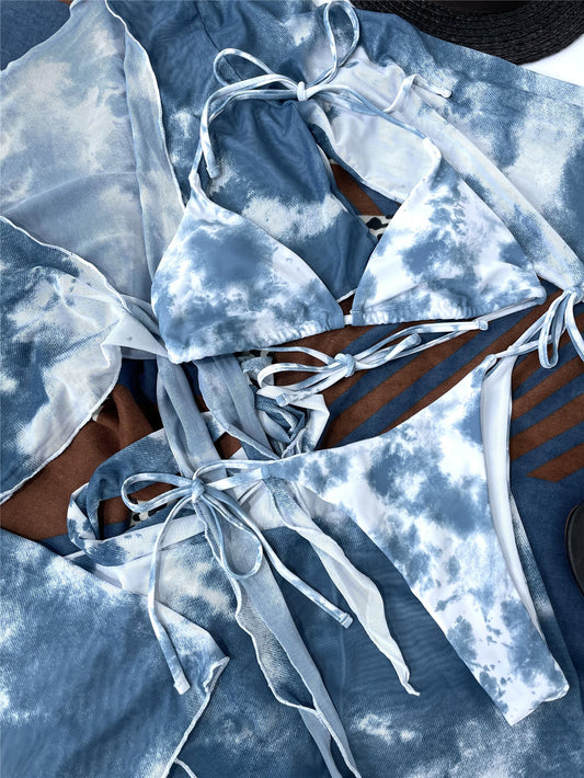 Costume da bagno da donna con spacco, tie-dye, sexy, bikini a quattro pezzi