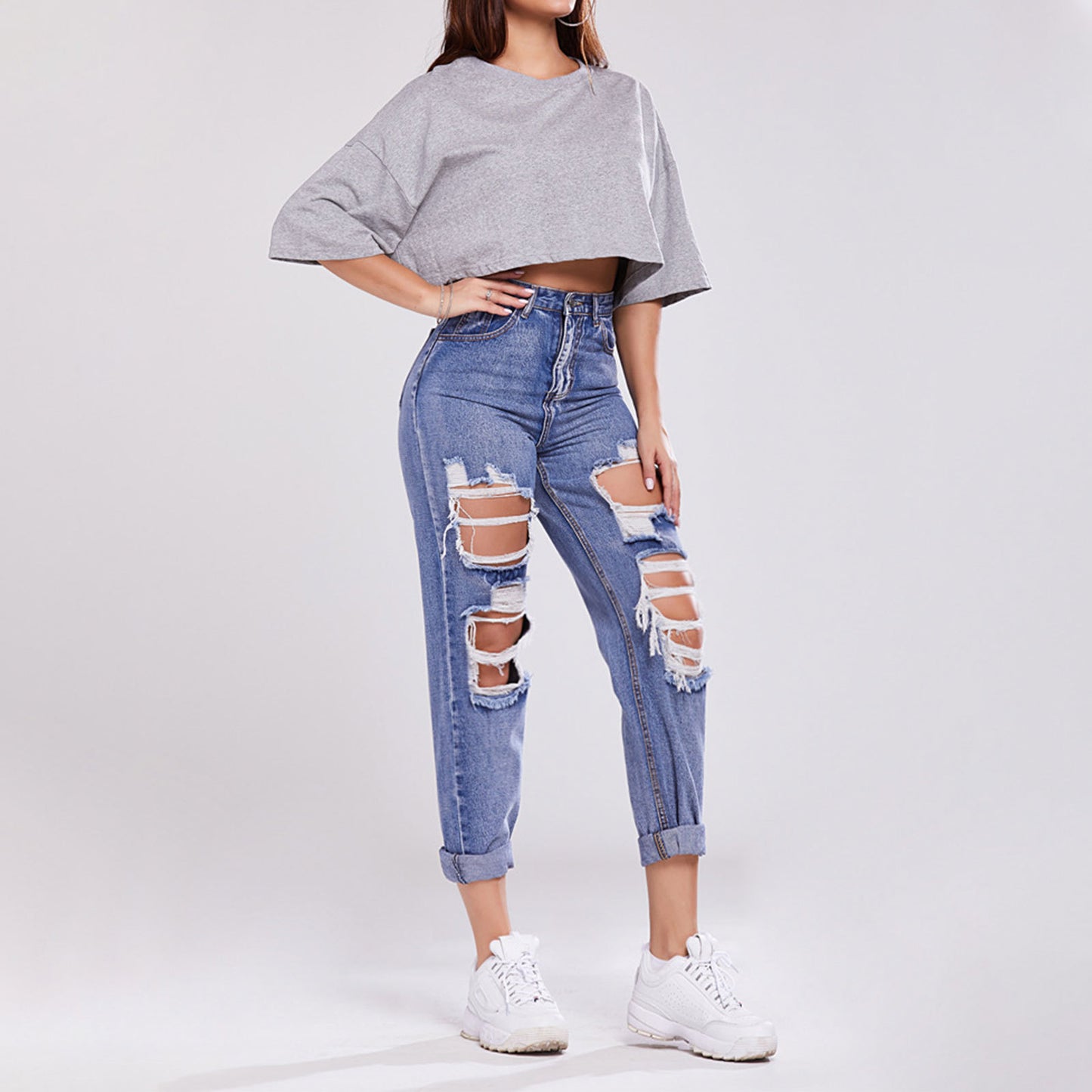 Ladies Trousers High-waisted Butt-lifting Holes Casual Straight-leg Denim Trousers