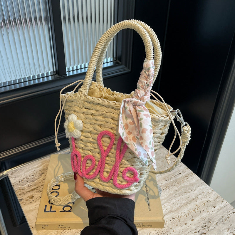 Borsa a mano intrecciata da donna, borsa a tracolla in paglia con lettera alla moda