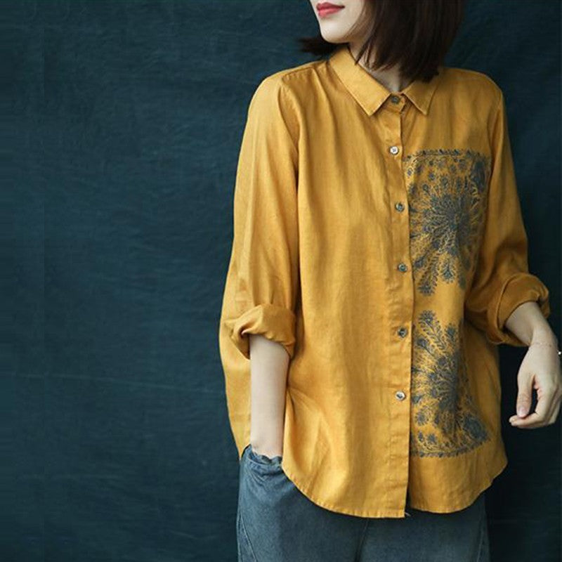 Literarisches, lässiges, lockeres, unregelmäßig bedrucktes Leinenhemd für Damen