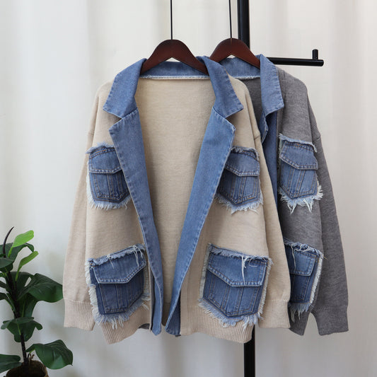 Cappotto in maglia con cuciture in denim per donna