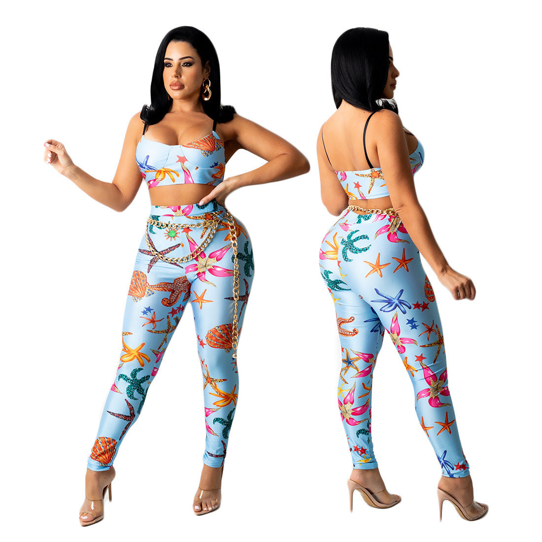 Pantaloni stampati alla moda sexy, completo casual a due pezzi