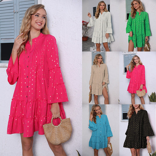 Nuovo abito estivo a maniche lunghe svasato plissettato e stampato, con bottoni, design ampio, abbigliamento da donna alla moda