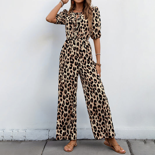 Europäischer und amerikanischer Jumpsuit mit hoher Taille und Leopardenmuster